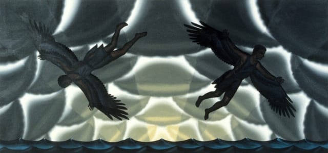 Roger Brown, Study for Daedalus and Icarus mural, 1989. Oil on canvas, 25 1/2 x 54 inches.