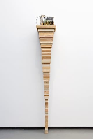 Environmental Services, "Taylor's Sheet Goods/My Sconce Shelf" (2013). Plywood, mdf, particle board, pine tar pot, 75 x 12 x 12 inches.