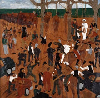 Winfred Rembert, "The Lynching" (1999), panel 1 of 3, dye on carved and tooled leather, each panel: 35 x 33 in (click to enlarge) (image via hrm.org)