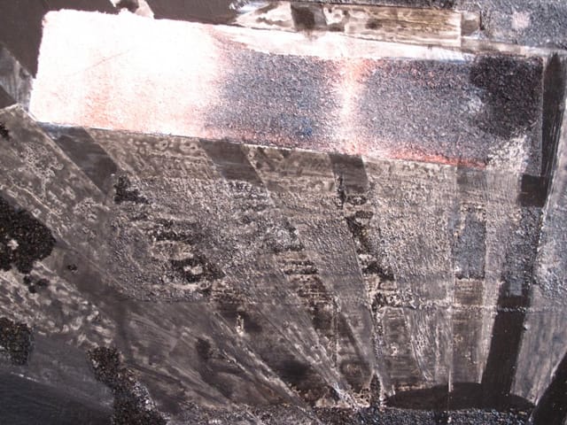 Rosy Keyser, "Pyre" (2011 (detail), dye, enamel, spray paint, and sawdust on canvas, 85 x 66 in.