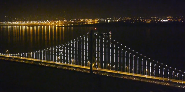 Installation shot of Leo Villareal's "The Bay Lights" (Screencapture by Hyperallergic) 