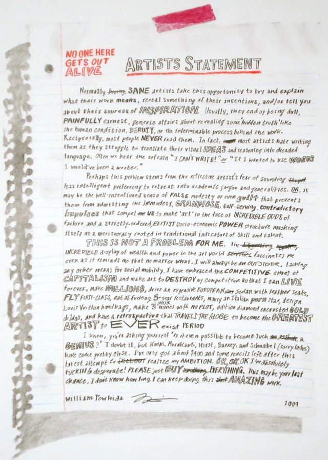 William Powhida, "Artists Statement (No One Here Gets Out Alive)" (2009), graphite and colored pencil on paper, 18"x15" (Image courtesy the artist and Charlie James Gallery)