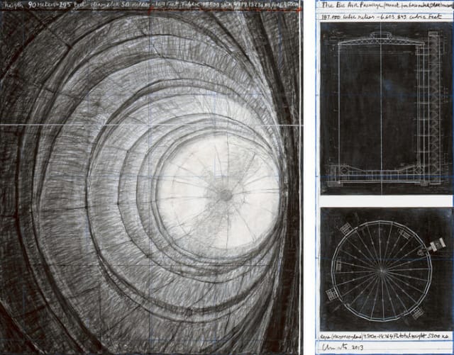 CHRISTO THE BIG AIR PACKAGE (PROJECT FOR GASOMETER, OBERHAUSEN) Collage 2013 in two parts: 77.5 x 66.6 cm and 77.5 x 30.5 cm (30 ½ x 26 ¼” and 30 ½ x 12”) Pencil, charcoal, pastel, wax crayon, fabric and architectural plans Reference # 3 Photo: André Grossmann COPYRIGHT CHRISTO 2013