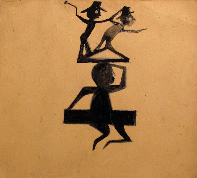 Bill Traylor, Three Figure Construction in Black, Circa 1939-42, Pencil, poster paint on found cardboard, 14 × 14 1/2 in., Courtesy Carl Hammer Gallery, Booth 260.