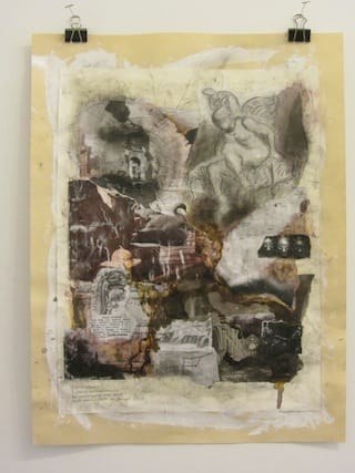 Paul D’Agostino, "Futuro anteriore X: L'ultimo ammonimento del messaggero non sarà stato comunicato in tempo. (Future Perfect X: The messenger's last warning will not have been communicated in time.)" (2013). Mixed media drawing and collage on paper, 24 x 18 inches. Click to enlarge.