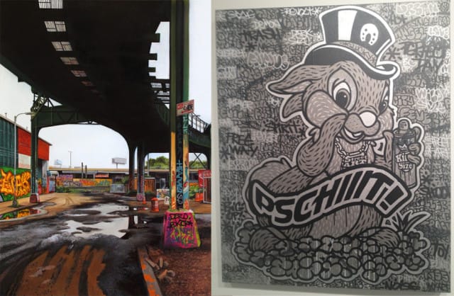 Jessica Hess, Davis Street (2013), oil on canvas (Courtesy of Spoke Art, San Francisco) and Speedy Graffito, Pschiiit!, mixed media on canvas
