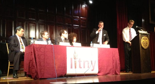 (left to right) Marc Landis, Mel Wymore, Mark Levine, Cheryl Pahaham, Angel Molina, and Paul Nagle at the LITNY Meet the Candidates Forum, Mar. 12, 2013 (photo by the author for Hyperallergic)