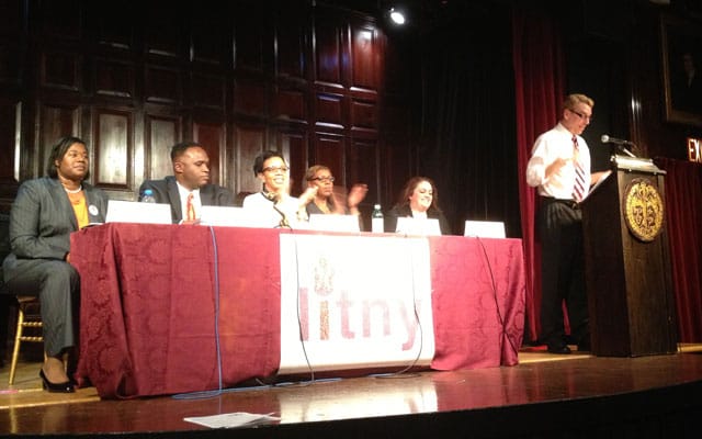 (left to right) Kimberly Council, William Russell Moore, Laurie Cumbo, Letitia James, and Cathy Guerriero at the LITNY Meet the Candidates Forum, Mar. 12, 2013 (photo by the author for Hyperallergic)