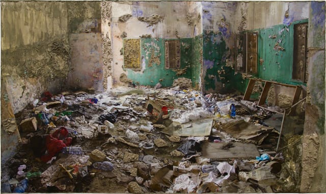 Naomi Safran-Hon, "Wadi Salib: Living Room with 4 Windows" (2013), archival ink jet print, lace, and cement on canvas, 72.5 x 42.5 in