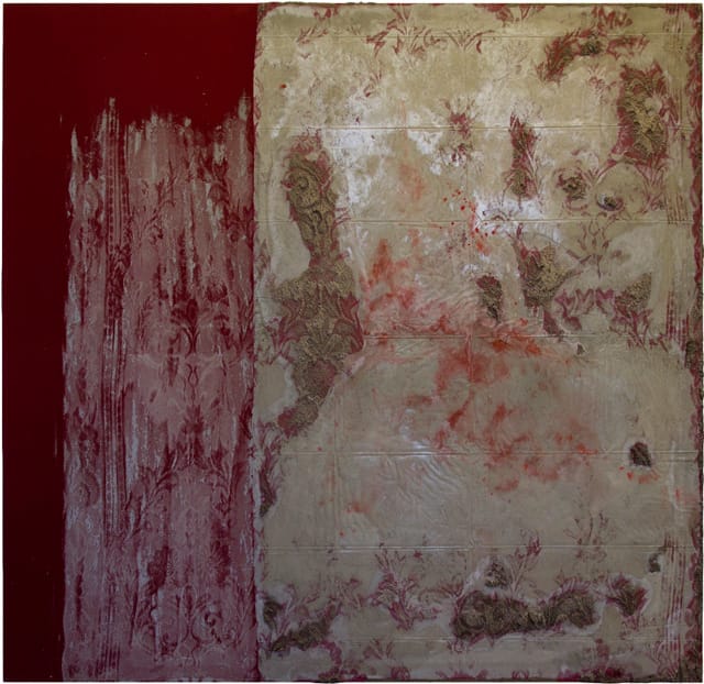 Naomi Safran-Hon, “Interior Wall I (Red)” (2012), cement, pigment, lace, and fabric, 62 x 64 in