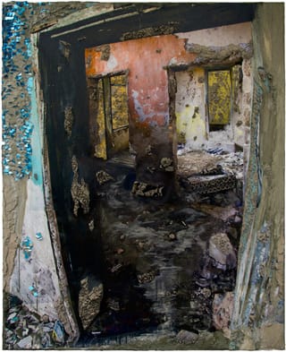 Naomi Safran-Hon, "Wadi Salib: Doorway" (2013), archival ink jet print, lace, and cement on canvas, 42.5 x 52.5 in (click to enlarge)