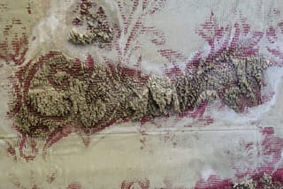 Naomi Safran-Hon, "Interior Wall I (Red)" (detail) (2012), cement, pigment, lace, and fabric, 62 x 64 in (click to enlarge)