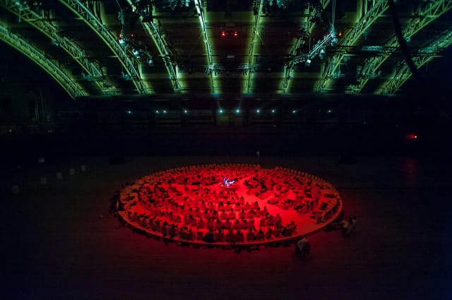 Park Ave. Armory presents Karlheinz Stockhausen's "Octophonie" with visuals by Rirkrit Tiravanija,  sound projection, Kathinka Pasveer, Sound design, Igor Kavulek, and  lighting design by Brian Scoot in the Drill Hall of the Park Ave. Armory on March 9, 2013. Credit:  Stephanie Berger.  All Rights Reserved. Photo Credit:  Â©Stephanie Berger.