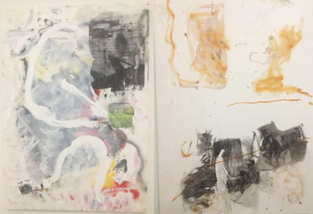 Leo Gabin, Shoulda Stood Dip (2013) and Chickenbone (2013), both acrylic, lacquer, spray paint and silkscreen on canvas and 