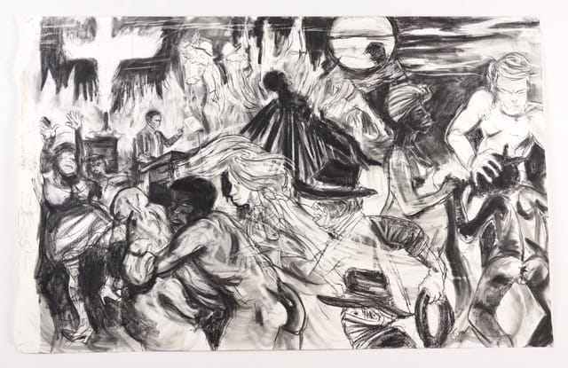Kara Walker, "The moral arc of history ideally bends towards justice but just as soon as not curves back around toward barbarism, sadism, and unrestrained chaos" (2010), graphite and pastel on paper, 72 x 114 inches (© Kara Walker / image courtesy Sikkema Jenkins & Co.)