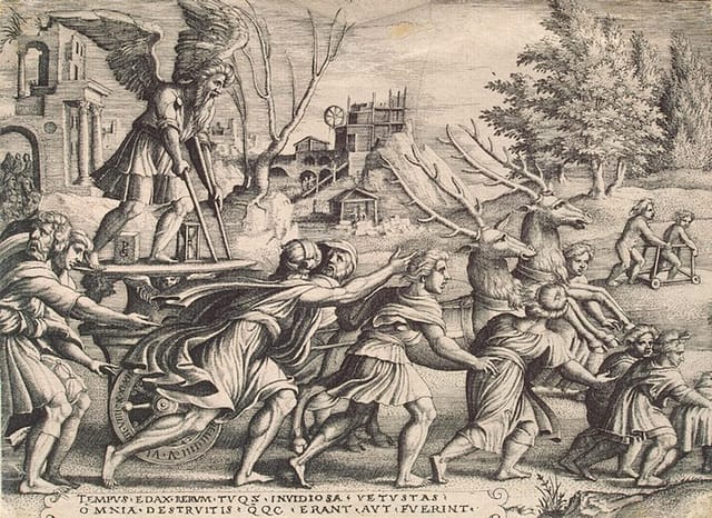 Georg Pencz, "Triumph of Time" (1532 or later). Line engraving, 13.9 x 20.7 cm. Series of six engravings from Petrarch's "Six Triumphs." Hermitage Museum. (Image via arthermitage.org)  