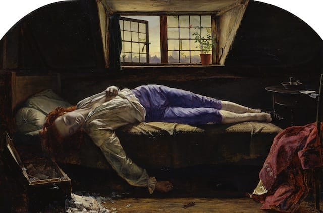 Henry Wallis "Chatterton" (c. 1855–56), oil on canvas 62.2 x 93.3 cm (24 1/2 x 36 3/4 in.) framed: 90.5 x 120.5 x 13.2 cm (35 5/8 x 47 7/16 x 5 3/16 in.) (Image courtesy Tate Gallery, London. Bequeathed by Charles Gent Clement 1899)