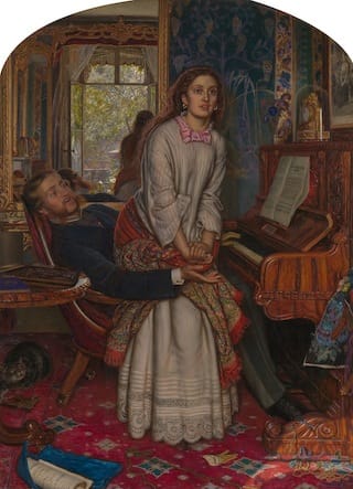 William Holman, "Hunt The Awakening Conscience" (1853–5), oil on canvas, 76.2 x 55.9 cm (30 x 22 in.) framed: 106 x 85.7 x 9.7 cm (41 3/4 x 33 3/4 x 3 13/16 in.) (Image courtesy Tate. Presented by Sir Colin and Lady Anderson through the Friends of the Tate Gallery 1976) Click to enlarge.