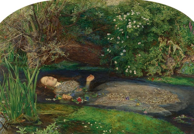 John Everett Millais,  "Ophelia" (1851–52), oil on canvas, 76.2 x 111.8 cm (30 x 44 in.) (Image courtesy Tate. Presented by Sir Henry Tate 1894)