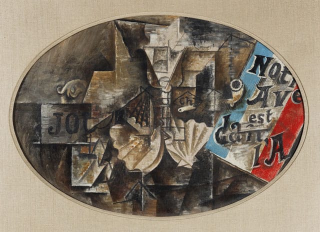 Pablo Picasso, "La coquille Saint-Jaques (“Notre avenir est dans l’air”) / (The Scallop Shell [“Notre avenir est dans l’air”])" (May 1912), oil on canvas, oval: 15 x 21 ¾ in. (38 x 55 cm), Leonard A. Lauder Cubist Collection; 2013 Estate of Pablo Picasso/Artists Rights Society (ARS), New York