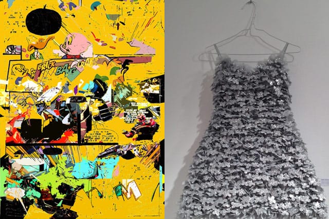 Left: Ruben Nieto, "A-a-a-Are You Just Going To Stand There?" (2010), oil on canvas (image via rubenietocomics.blogspot.com); right: TK TK