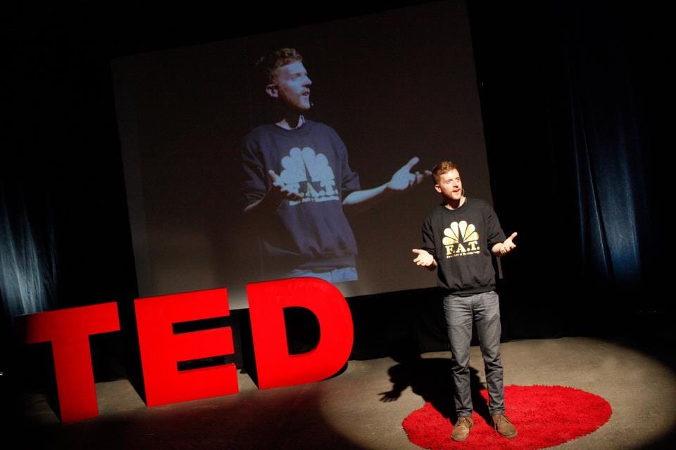 F.A.T. member Bennett Williamson at Evan Roth's "Pirate TED" (Photo via Eyebeam)