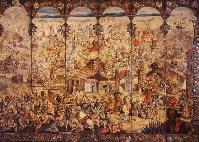González Family, "Folding Screen with the Siege of Belgrade" (front)(detail), (1697-1701), oil on wood, inlaid with mother-of-pearl, 90 1/2 x 108 5/8