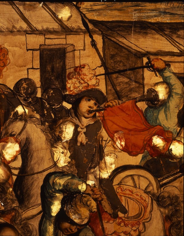 González Family, "Folding Screen with the Siege of Belgrade" (front) (detail) (1697-1701), oil on wood, inlaid with mother-of-pearl, 90 1/2 x 108 5/8