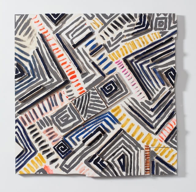 Cordy Ryman, "ES Trim Hatch and Coil" (2013). Acrylic and enamel on wood, 35.5 x 35.5 x 3 inches. Photo: Jason Mandella (All images courtesy of the artist and DODGEgallery.)