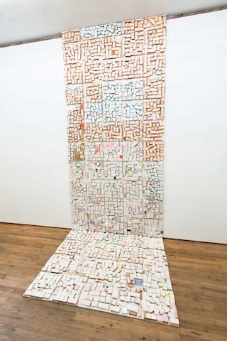 Cordy Ryman, "Rafterweb Scrapwall V2" (2012-2013). Acrylic, shellac and enamel on wood, 30 x 10 feet, variable. Photo: Jason Mandella. Click to enlarge.