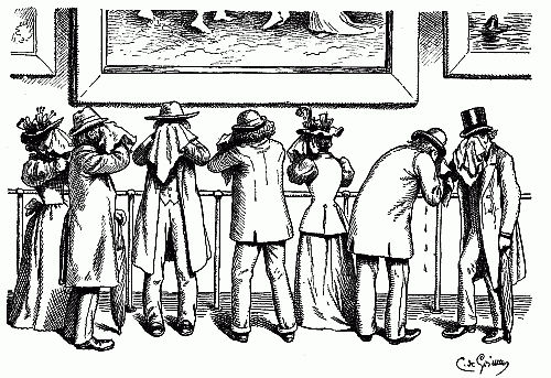 A 1893 illustration by Baron C. De Grimm shows emotional museum gallery visitors moved to tears by art. (via public-domain.zorger.com)