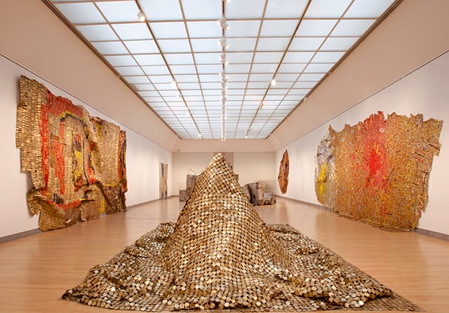El Anatsui installation view at Brooklyn Museum (Image courtesy Brooklyn Museum)