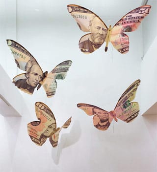 Erika Harrsch, "Currency Kites" (2012), mixed media on nylon ripstop spinnaker nylon with carbon and fiberglass rods, each approx. 45" x 25" (click to enlarge) (image via kasiakaygallery.com)
