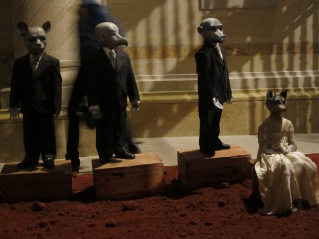 Jane Alexander, "African Adventure" (1999-2002) (detail), fiberglass and plaster sculptures, earth, found miscellaneous objects