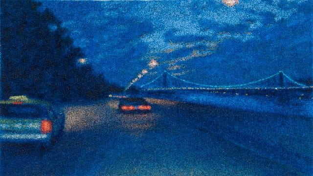 Jane Dickson, "Blue Bridge - GW and Taxi." Oil on Astroturf, 31 x 55 inches.