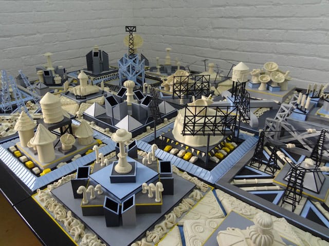 Linda Ganjian, "7 Train Panoramas" (2012), clay, paint, varnish, archival board, glue, wood, 36" x 36" x 12" (image via bhsutton.tumblr.com)