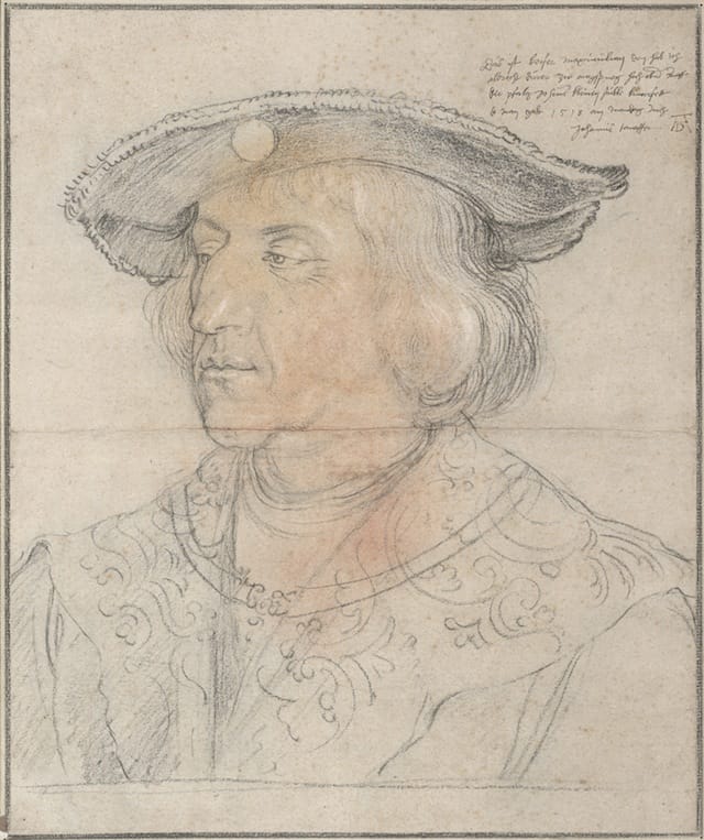 Albrecht Dürer, "Emperor Maximilian I" (1518). Black, ocher, red and white chalk, heightened in white chalk. Overall: 15 3/8 × 12 9/16 inches; overall (framed): 25 1/16 × 22 3/16 × 2 1/4 inches. Albertina, Vienna.