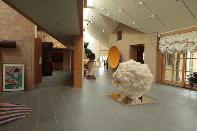 Javier Perez, Cumulo, 2001. Robert Arneson, Ecstasy of a Mud Stomper, 1983. Anish Kapoor, Untitled (Yellow Wall Disk), unknown year. Ursula Von Rydingsvard, 5 Open Bowls, 1999. Elizabeth Murray, Descending Heel, 1988. 