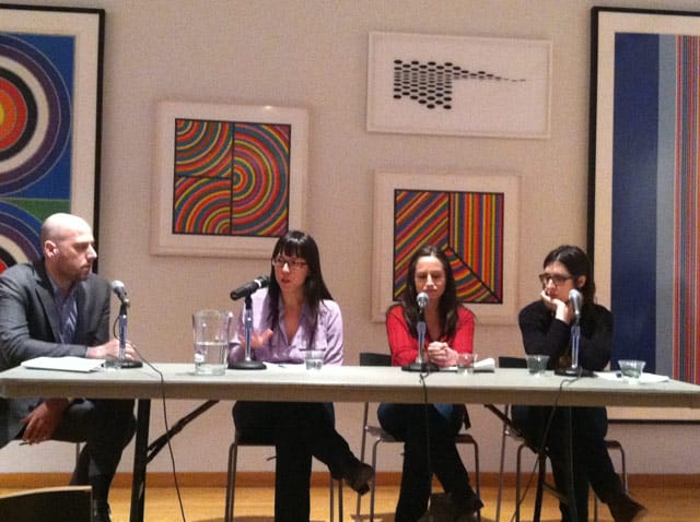 The panel on middlebrow at the New School. From left: Christopher Beha, Jennifer Szalai, Ruth Franklin, and Christine Smallwood (photo by the author for Hyperallergic)