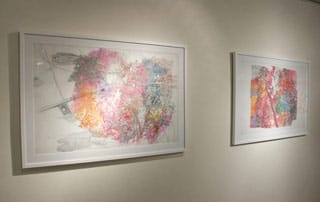 Simonetta Moro, left:  "Imaginary map #1 (Points of Departure)" (2006),  ink, graphite, pastel, and charcoal on Mylar, 29 x 41 in; right: "Imaginary Map #3" (2006), ink, graphite, pastel, and acrylic on Mylar, 29 x 41 in (click to enlarge)