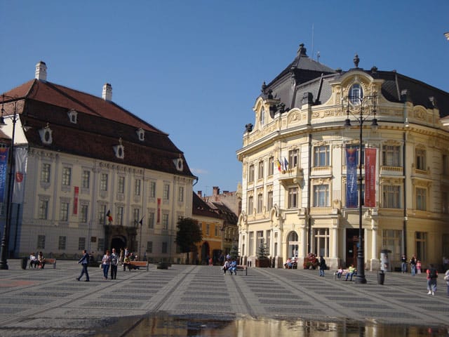 The Brukenthal National Museum, on the left, and city hall on the right