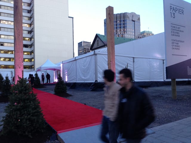 A view of the Papier13 tent on St. Catherine and Bleury Streets in Montreal's Quartier des spectacles neighborhoods. (all photos by the author for Hyperallergic)