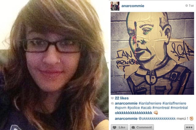 Jennifer Pawluck (photo provided by Pawluck to Hyperallergic), and the street art photo that landed Jennifer Pawluck in hot water with Montreal police. 