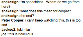 Some of the chatter on Livestream's included someone commenting as saddened Peter Cooper. (screencapture at livestream.com/thecooperunion1)