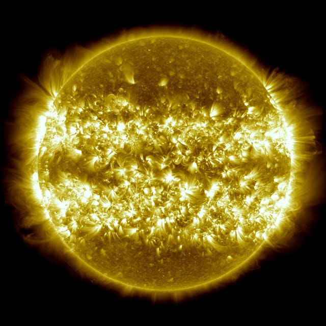 Composite of images of the sun from April 16, 2012, to April 15, 2013. (courtesy NASA/SDO/AIA/S. Wiessinger)