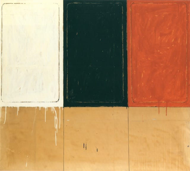 Mario Schifano, "La stanza dei Disegni" (1962). Enamel paint and charcoal on paper mounted on canvas, 63 x 70 7/8 inches. Courtesy Sperone Westwater, New York.