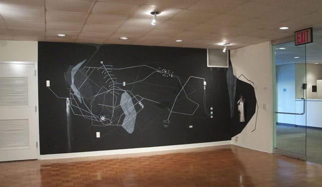 Dannielle Tegeder, "Impossible City: Neighborhoods, Lawnfieillisonia Wakmelongwood, Highbedhavenrose, Trempointwood, and Throgville Island" (2013), house paint, acrylic, ink, and colored pencil, 96 x 231in