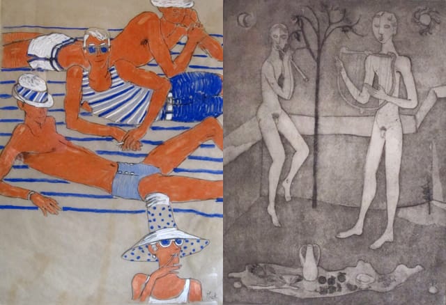 Paul Thek, Untitled (Portfolio Fashion Drawing), 1957-58, Pastel on onionskin paper, 24 x 18 in. Estate of George Paul Thek; Collection of Peter Harvey. and Paul Thek, Still Life, 1953, Etching with Acquatint, 19 x 11 in. Estate of George Paul Thek; Collection of Peter Harvey.