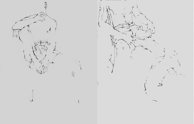 Paul Thek, Untitled (figure study of Peter Harvey), 1955, Charcoal on paper, 18.625 x 23.75 in. Collection of Peter Harvey. and Paul Thek, Untitled (Peter shirtless in chair), 1955, Charcoal pencil on paper, 23.75 x 18.5 in. Collection of Peter Harvey