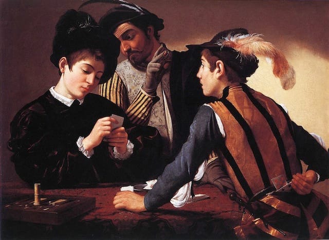 Caravaggio, "The Cardsharps" (c. 1596). Oil on canvas, 92 x 129 cm. Kimbell Art Museum, Fort Worth. (Image via Web Gallery of Art)
